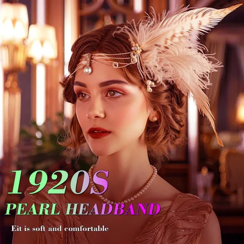 Vista 5 de Pinza para el pelo de plumas blancas de los años 20, accesorios para el cabello, tocado para mujer