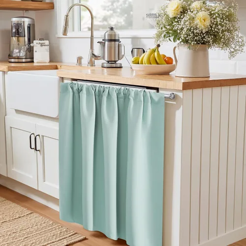 Vista 5 de PONY DANCE - Cortinas opacas pequeñas azul aguamarina para cocina, sobre fregadero, para caravana, con aislamiento térmico y bolsillo para barra, 2