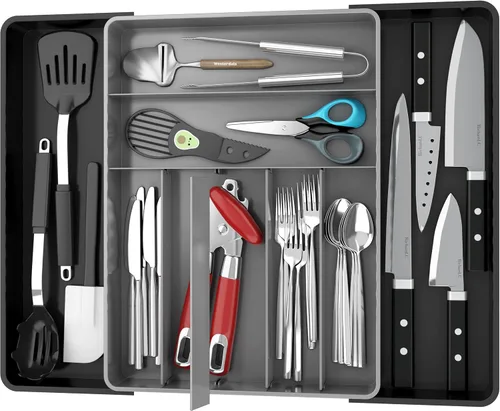 Vista 12 de Simple Houseware Organizador de cubiertos extensible para cajones de cocina, color negro, bandeja de cubiertos ajustable con 9 compartimentos