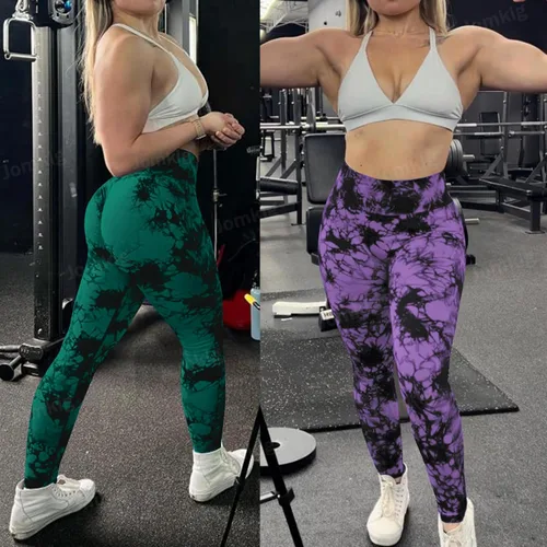 Vista 2 de Jomkig Leggings sin costuras de teñido anudado para mujer, pantalones de yoga de cintura alta, mallas de compresión para levantamiento de glúteos