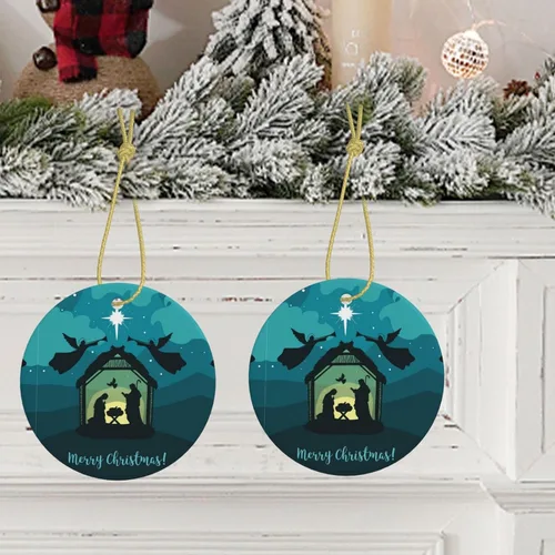 Vista 7 de Navidad cristiana belén escena patrón redondo árbol de Navidad colgante colgante recuerdo Navidad adornos de cerámica
