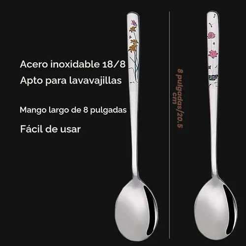 Vista 6 de Cucharas de sopa coreanas, cucharadas de acero inoxidable 18/8 con mango largo de 8 pulgadas, cucharadas de metal asiático, juego de 4 (flores)