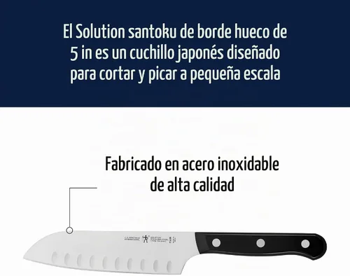 Vista 2 de HENCKELS Solution - Cuchillo Santoku de borde hueco afilado de 5 pulgadas, diseño alemán informado por más de 100 años de maestría, negro/acero