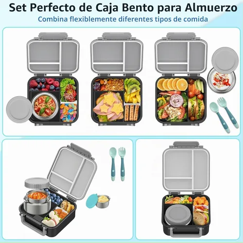 Vista 6 de Lonchera Bento para niños con contenedor térmico de sopa de 9 onzas, a prueba de fugas, 4 compartimentos con tarro de comida caliente aislado