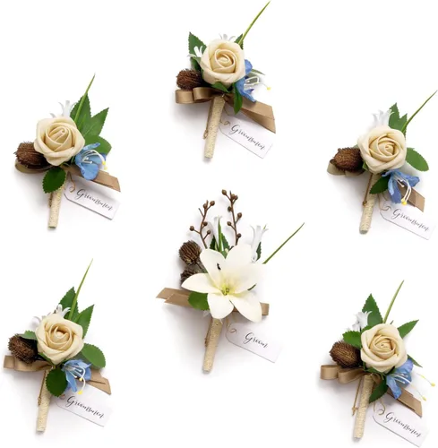 Vista 30 de Ling's Moment Boutonniere para Hombres Boda, Juego de 6, Novio y Padrinos Boutonniere para Boda Regreso a Casa Halloween Ceremonia Aniversario, Cena