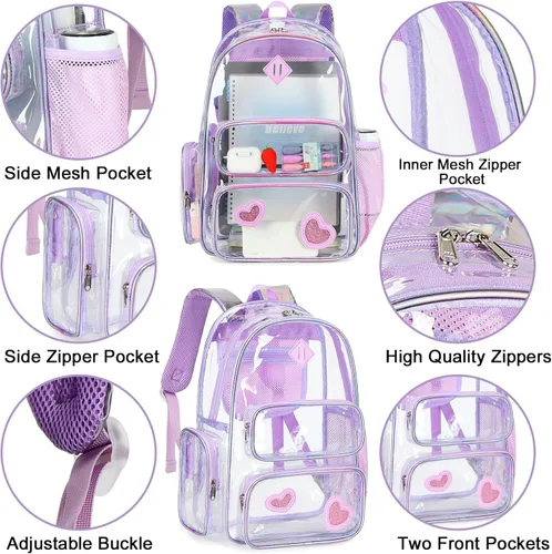 Vista 117 de CAMTOP Mochila transparente resistente y transparente para estudiantes, escuela, trabajo, festival, viajes, deportes, Beige, Mediana, Camtop Mochila