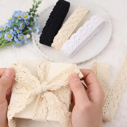 Vista 4 de Cinta de encaje beige de algodón de encaje de ganchillo de costura de encaje para envoltura de paquetes de regalo, suministros de álbumes de recortes