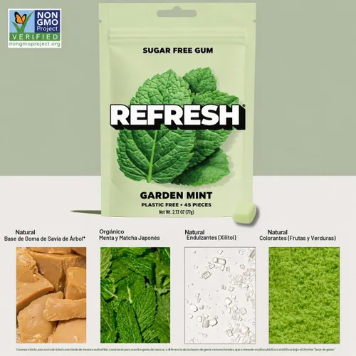 Vista 3 de Refresh Gum Garden Mint, goma de mascar de xilitol natural sin azúcar, 45
