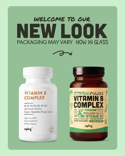 Vista 2 de sapling Complejo vegano de vitamina B, mezcla de alimentos integrales con vitaminas B esenciales B1, B2, B3, B5, B6, B7, folato, B12-60 cápsulas