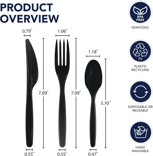 Vista 2 de Party Essentials KITCB-3001 - Combo de cubiertos de plástico, incluye cuchillos, tenedores, cucharas, 300 piezas/100 lugares, resistente, negro