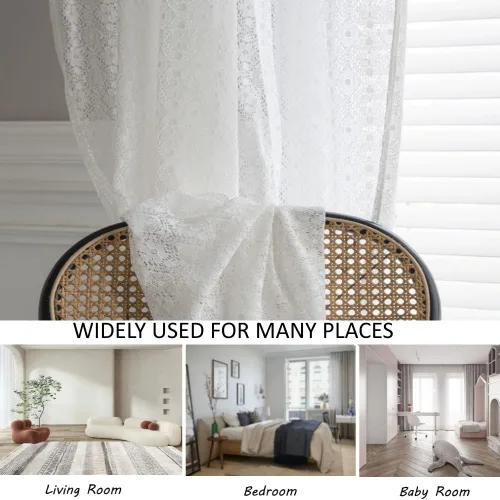 Vista 5 de AMZALI Cortinas bohemias de encaje floral de ganchillo semiopacas con bolsillo para barra, cortinas de granja para sala de estar y dormitorio, 2