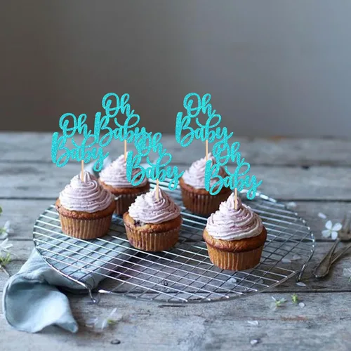 Vista 5 de 24 piezas Oh Baby Cupcake Toppers Glitter Baby Shower Cupcake Picks Reveal Género Decoración de Pasteles para Baby Shower Niños Niñas Fiesta de Azul