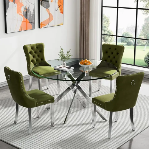 Vista 79 de Juego de mesa de comedor de cristal plateado moderno de 47 pulgadas para 2, juego de mesa de comedor de cocina redonda de 3 piezas con patas