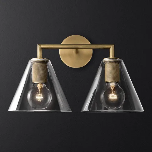 Vista 4 de Lámpara de pared industrial vintage para tocador con embudo de vidrio transparente, lámpara retro de metal montado en la pared E27, accesorios