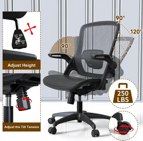 Vista 5 de KOLLIEE Silla de oficina en casa de malla ergonómica giratoria con soporte lumbar ajustable, silla de computadora cómoda negra con abatible