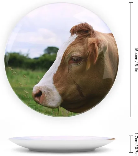 Vista 2 de Platos decorativos de cerámica de 6 pulgadas para colgar en la pared, plato de cerámica de vaca con soporte de exhibición, platos domésticos