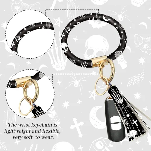 Vista 9 de Juego de 4 piezas de accesorios para auto con estampado de lunas negras y estrellas blancas, funda para volante con estampado de lunas negras