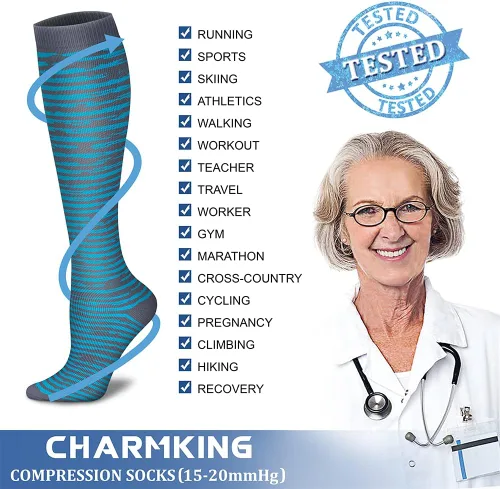 Vista 6 de CHARMKING - Calcetines de compresión para mujeres y hombres (3 pares), 15-20 mm Hg, el mejor apoyo para atletismo, running o ciclismo, mejora