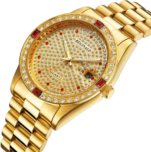 Vista 2 de FANMIS Relojes de lujo unisex con esfera de diamantes, calendario de cuarzo dorado y acero inoxidable