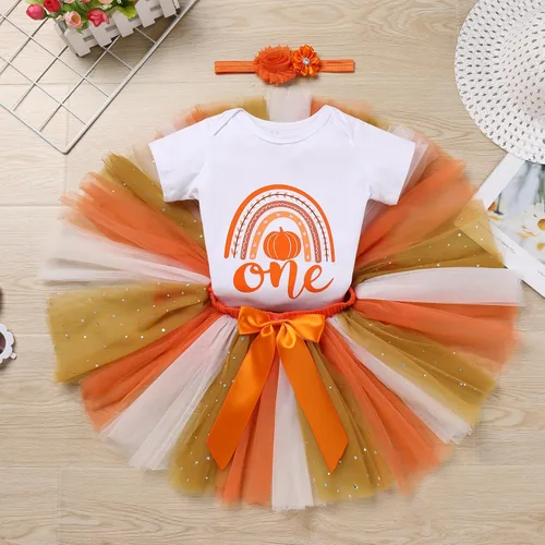 Vista 2 de IMEKIS Toddler Baby Girl Half 1st Birthday Outfit Fall Pumpkin Romper Tutu Skirt Headband Thanksgiving Cake Smash Photo Shoot
