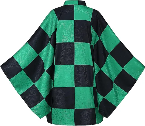 Vista 3 de Tanjiro Haori kimono Cosplay Costume - MIAQIWUYU Anime Kamado Tanjirou Kimono Haori Role Cloak Jacket Cardigan Earrings