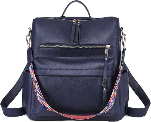 Vista 2 de Mochila de piel sintética para mujer, tamaño mediano, bolsos antirrobo y bolsos de hombro, color azul marino, talla única