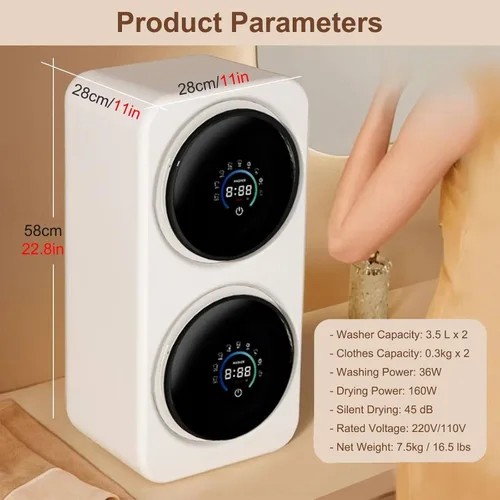 Vista 3 de Mini lavadora compacta doble tina lavadora secadora combinada con pantalla LED, tambor de acero inoxidable y capacidad de 3.5 Lx2 para ropa