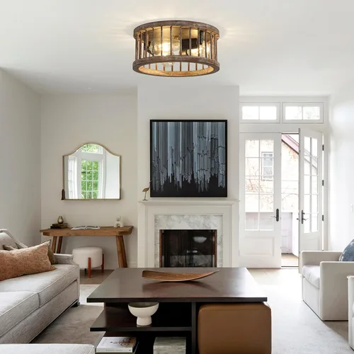 Vista 5 de Lámpara de techo de montaje empotrado estilo granja, 3 luces de metal y madera de 12.6 pulgadas, lámpara de techo para cocina, pasillo, comedor