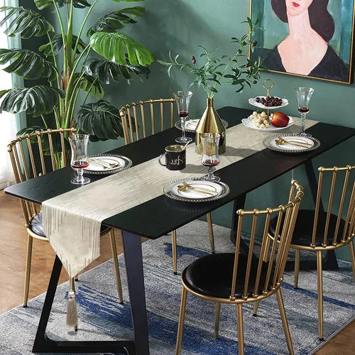 Vista 6 de Caminos de mesa bordados beige de 13 x 72 pulgadas de largo con borlas de lujo, líneas geométricas abstractas modernas para decoración del hogar