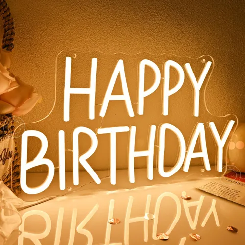 Vista 5 de SYLHOME Letrero de luz LED de neón con texto en inglés «Happy Birthday» para fiesta de cumpleaños, dormitorio, decoración de pared, pancarta, bar