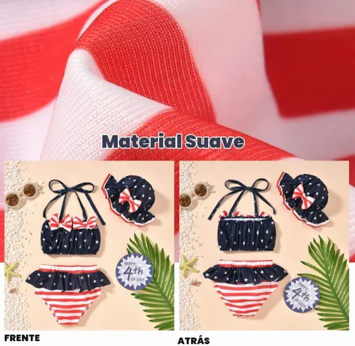 Vista 4 de Aalizzwell Conjunto de bikini de 3 piezas para niñas pequeñas con sombrero Bandera estadounidense