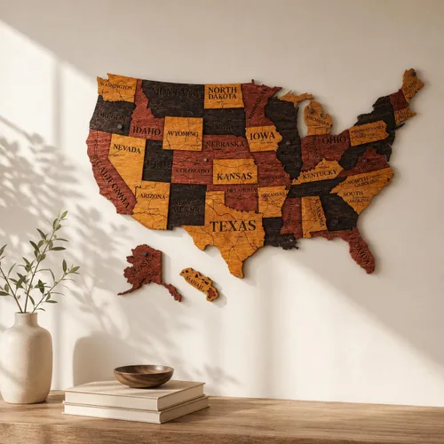 Vista 9 de Mapa de madera de EE. UU. lugares visitados - Mapa de madera de Estados Unidos con pines - Arte de pared decorativo 3D de rastreador de viajes