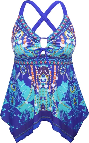 Vista 13 de Firpearl Trajes de baño tankini para mujeres, modestos y fluidos, espalda cruzada, talla plus, top de traje de baño Azul aguamarina