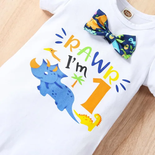 Vista 5 de Conjunto de mameluco de manga corta para bebé niño de un primer cumpleaños, con tirantes
