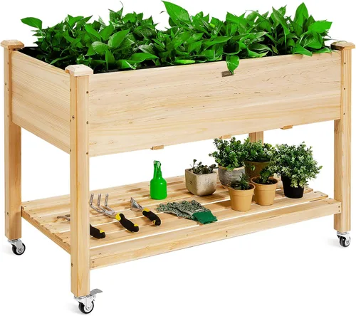 Vista 10 de Giantex Cama de jardín elevada, maceta elevada de madera con forro, cama elevada independiente de 47 x 23 x 30 pulgadas para plantas