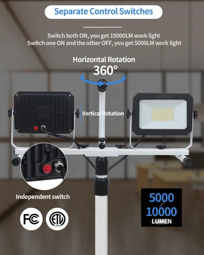 Vista 2 de Luz de trabajo LED UFOND de 10000 lúmenes con soporte, luces de trabajo de doble cabeza impermeables desmontables, proyector con interruptor