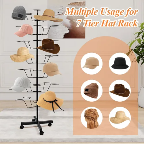 Vista 5 de uyoyous Soporte giratorio de 7 niveles para tiendas minoristas, organizador de exhibición de sombreros de metal resistente con ruedas, capacidad