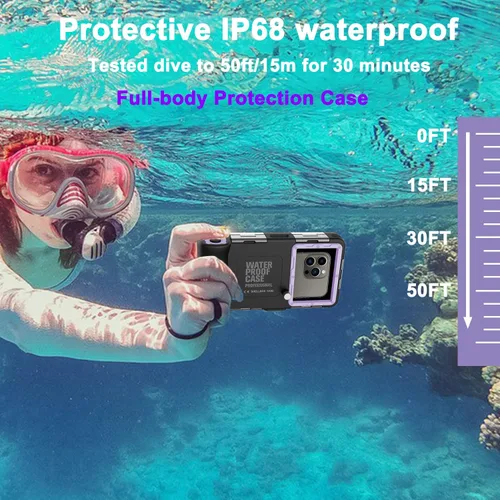 Vista 2 de Funda de teléfono de buceo subacuático para esnórquel, profesional de 50 pies/49.2 ft, impermeable, para iPhone 17/16/15/14/13/Pro Max, Samsung