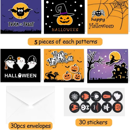 Vista 2 de TUPARKA Paquete de 30 tarjetas de felicitación de Halloween con sobres y calcomanías de Halloween, 6 diseños de Halloween