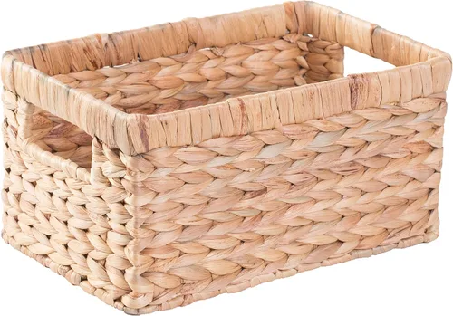 Vista 3 de Cesta rectangular de mimbre de jacinto de agua tejido natural con asas, organizador de almacenamiento pequeño, bandeja de cesta poco profunda de 12