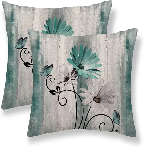 Vista 24 de Juego de 2 fundas de almohada florales de color salvia de 16 x 16 pulgadas, fundas de almohada decorativas con flores de margarita y mariposas