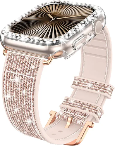 Vista 10 de Goton Bling - Correa de silicona brillante compatible con Apple Watch de 1.772 pulgadas (45mm) con protector de borde [sin vidrio], correa que