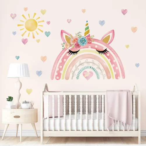 Vista 2 de wondever Calcomanías de pared de acuarela arco iris unicornio corazones sol