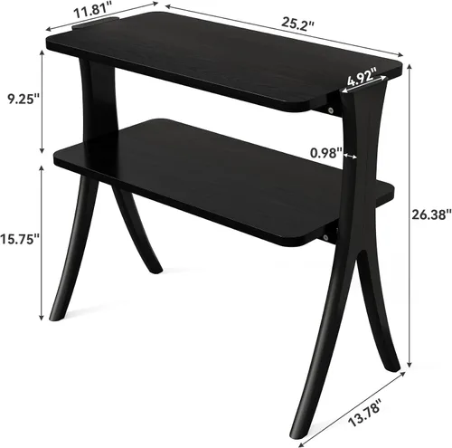 Vista 2 de LITTLE TREE Mesa auxiliar con patas de madera maciza, mesa auxiliar estrecha pequeña de 2 niveles, mesa de granja que ahorra espacio para sala