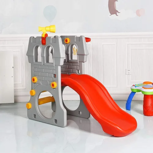 Vista 6 de OLAKIDS Tobogán 5 en 1 para niños pequeños, escalador de patio de juegos para interiores y exteriores con tobogán, aro de baloncesto, telescopio