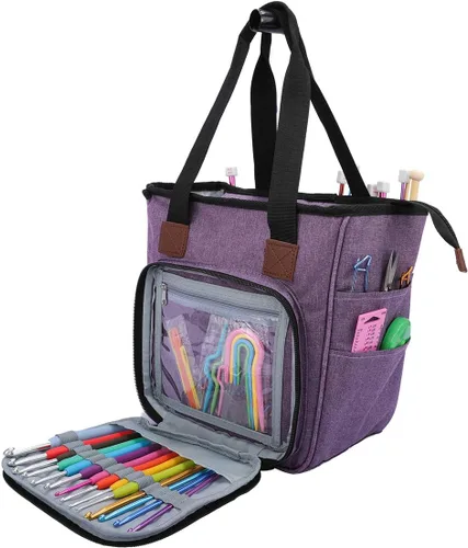 Vista 11 de Coopay Bolsa de ganchillo y tejer, organizador de viaje para manualidades, ganchos, agujas, madejas, pintura de diamantes, suministros (verde bosque)