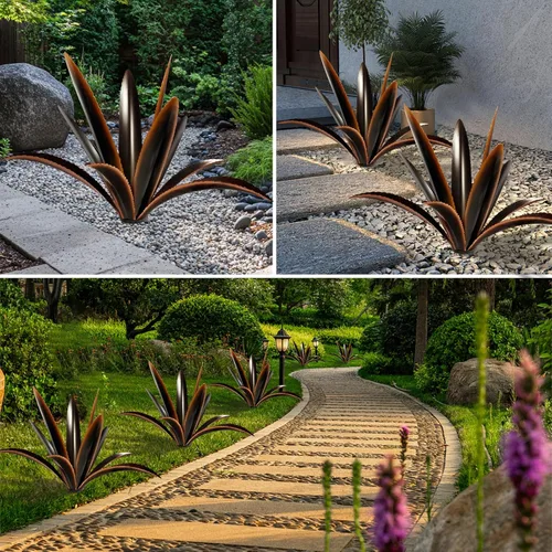 Vista 3 de TOMBABY Agave de Metal Agrandado Engrosado Resistente al Viento Arte de Jardín Escultura de Jardín Campestre Estatua Decoración Exterior Planta
