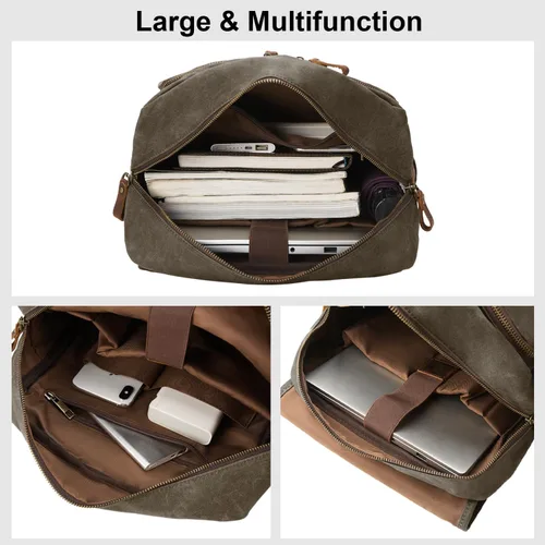 Vista 4 de Mochila vintage de lona encerada para hombres y mujeres, verde militar Mochila de viaje para computadora portátil, de piel auténtica