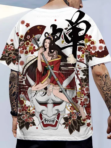 Vista 2 de XYXIONGMAO Camisetas japonesas Geisha Kanji con estampado gráfico, unisex, camisa de anime para hombre