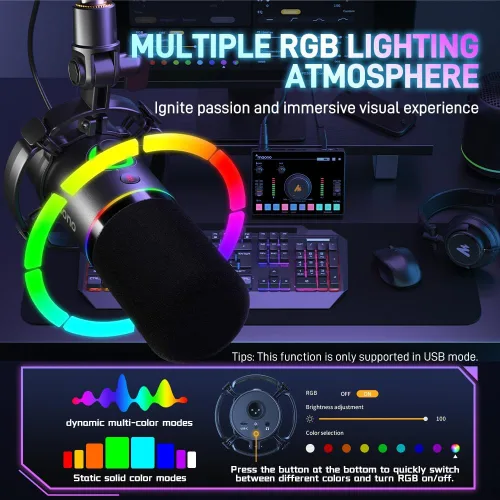 Vista 2 de MAONO Micrófono para juegos PD200X RGB con software, kit de micrófono dinámico XLR USB con brazo de pluma (PD200X+MH601+BA92)